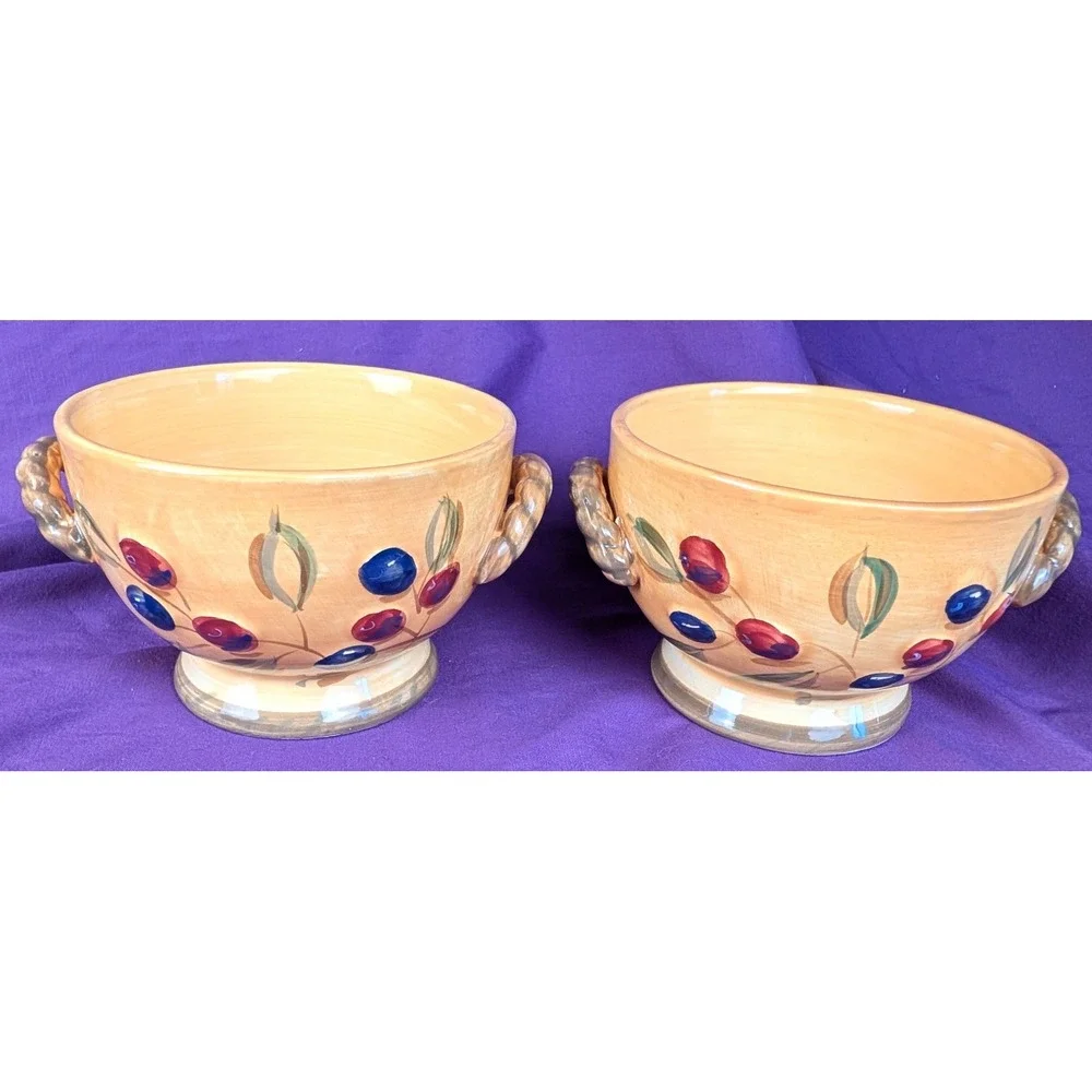 Gibson BISTRO ITALIA 2 Bowls Olive Branch Rope Handles Hand Painted 20oz